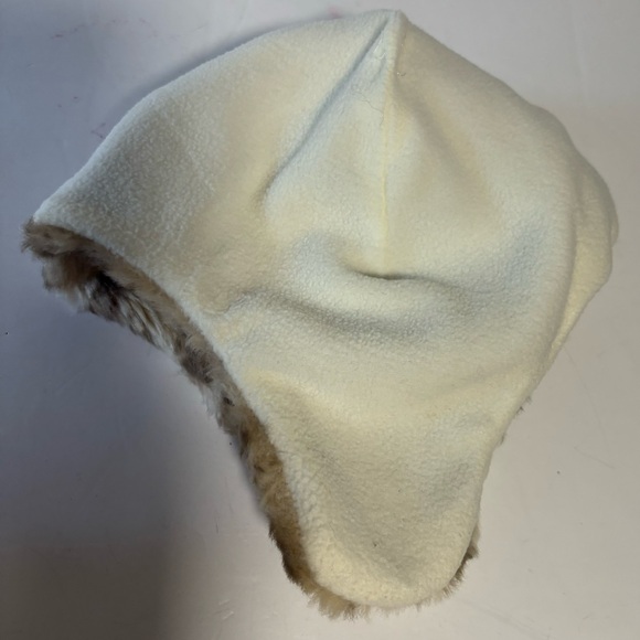 Faux fur animal print ear flaps ears tan cream fleece lined  hat cap - Picture 5 of 8